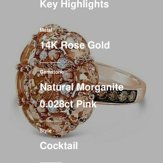 LeVian Morganite Ring 3 1/2 cts Cocktail Pink Statement in 14K Rose Gold Size 7