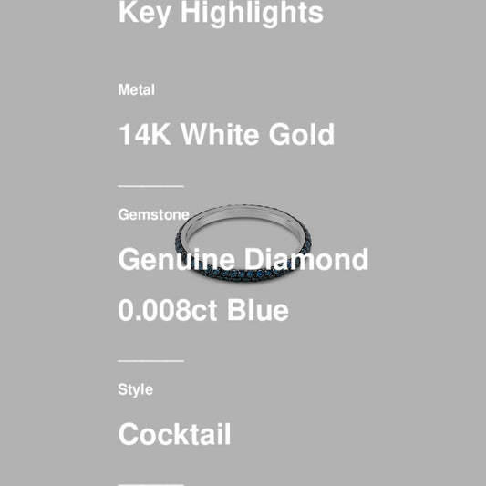 A Le Vian Blue Diamond Ring, 3/4 cts in 14K white gold, size 7, is displayed on a grey background. Text highlights its features: Le Vian brand, 14K white gold, blue diamond center, cocktail style.