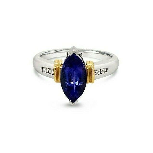 LeVian 14K Two Tone Gold Marquise Tanzanite Round Diamond Classic Cocktail Ring