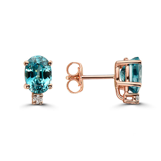 1 1/4 cts Aqua Zircon and Diamond Earrings in 14K Rose Gold by Birthstone