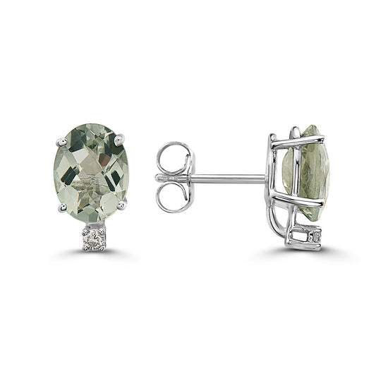 2 1/8 cts Green Green Amethyst (Prasiolite) Quartz and Diamond Earrings in 14K White Gold by Birthstone