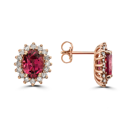 2 cts Red Rhodolite Garnet and Diamond Earrings in 14K Rose Gold by Birthstone