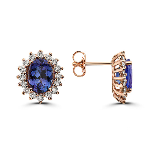 2 5/8 cts Blue Tanzanite and Diamond Earrings in 14K Rose Gold by Birthstone