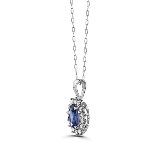 1 cts Blue Sapphire and Diamond Necklace in 14K White Gold by Birthstone