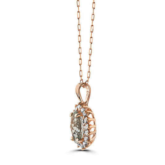 1 3/8 cts Green Green Amethyst (Prasiolite) Quartz and Diamond Necklace in 14K Rose Gold by Birthstone