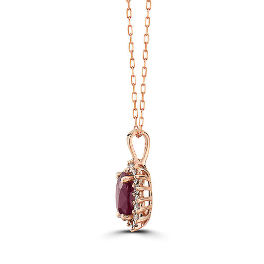 1 1/2 cts Red Ruby and Diamond Necklace in 14K Rose Gold by Birthstone
