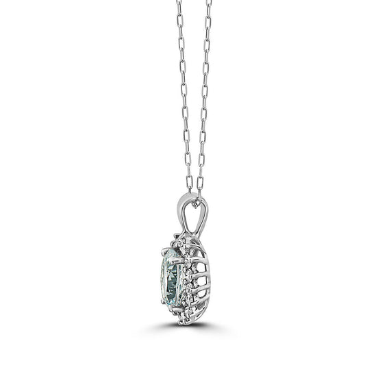 1 1/3 cts Blue Aquamarine and Diamond Necklace in 14K White Gold by Birthstone