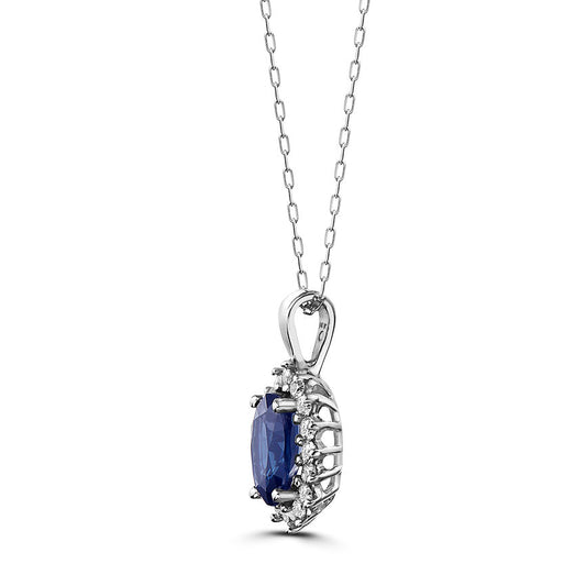 1 1/2 cts Blue Sapphire and Diamond Necklace in 14K White Gold by Birthstone