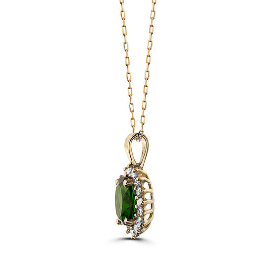 1 1/2 cts Green Chrom Diopside and Diamond Necklace in 14K Yellow Gold by Birthstone