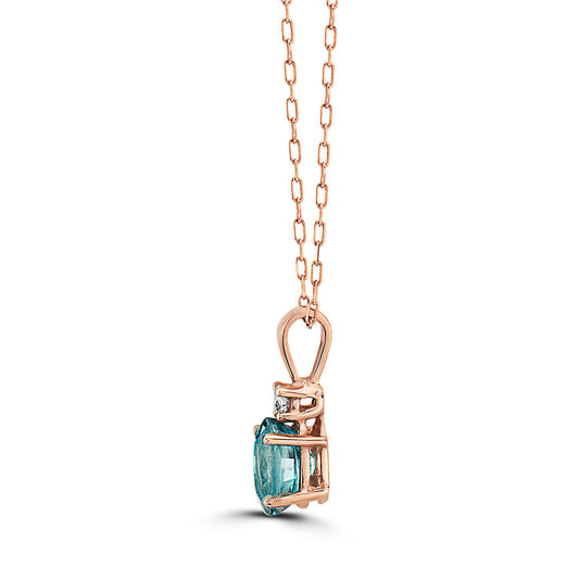 1 1/4 cts Aqua Zircon and Diamond Necklace in 14K Rose Gold by Birthstone