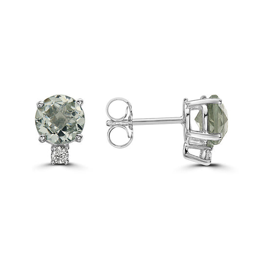1 1/2 cts Green Green Amethyst (Prasiolite) Quartz and Diamond Earrings in 14K White Gold by Birthstone