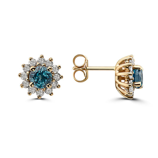 2 1/8 cts Aqua Zircon and Diamond Earrings in 14K Yellow Gold by Birthstone
