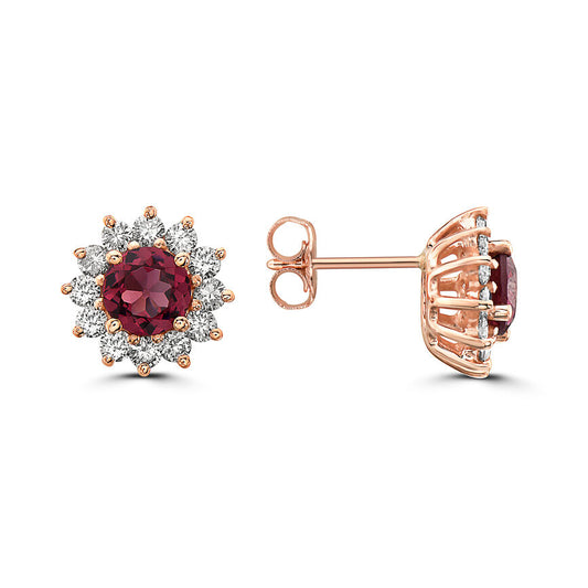 2 1/4 cts Red Rhodolite Garnet and Diamond Earrings in 14K Rose Gold by Birthstone