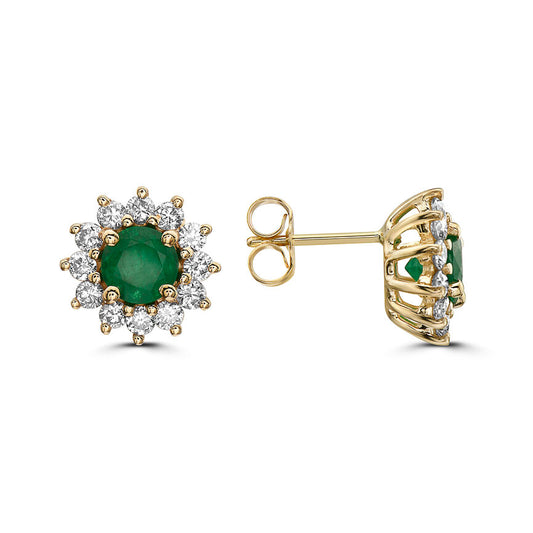 2 cts Green Emerald and Diamond Earrings in 14K Yellow Gold by Birthstone