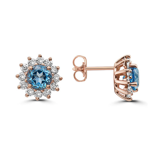 2 3/4 cts Blue Topaz and Diamond Earrings in 14K Rose Gold by Birthstone