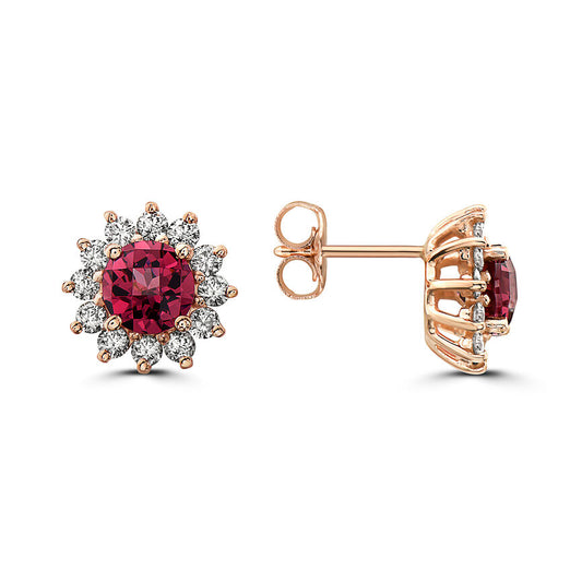 2 3/4 cts Red Rhodolite Garnet and Diamond Earrings in 14K Rose Gold by Birthstone