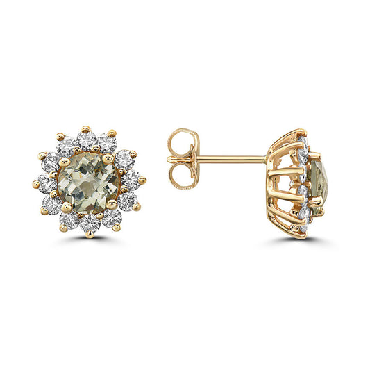 2 1/4 cts Green Green Amethyst (Prasiolite) Quartz and Diamond Earrings in 14K Yellow Gold by Birthstone