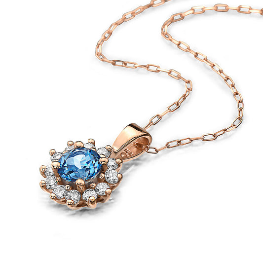 3/4 cts Blue Topaz and Diamond Necklace in 14K Rose Gold by Birthstone