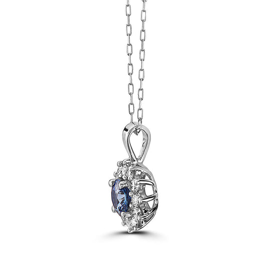 1 1/8 cts Blue Sapphire and Diamond Necklace in 14K White Gold by Birthstone