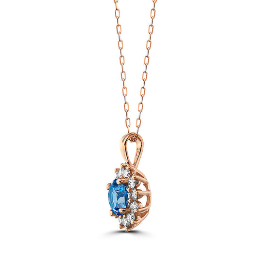1 3/8 cts Blue Topaz and Diamond Necklace in 14K Rose Gold by Birthstone