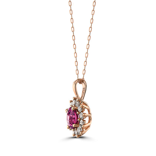 1 3/8 cts Red Rhodolite Garnet and Diamond Necklace in 14K Rose Gold by Birthstone