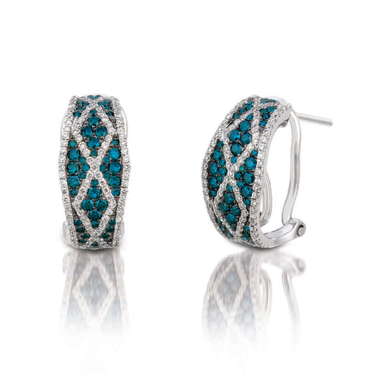 A pair of 3/4 cts Multi-Color Diamond hoop earrings by Le Vian in 14K White Gold, featuring a unique diamond pattern and displayed on a white background with a subtle reflection.
