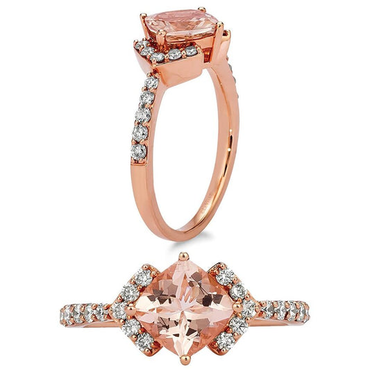 The Le Vian Ring features a cushion-cut Peach Morganite centerpiece with Nude Diamonds set in 14K Rose Gold, shown from side and top views.