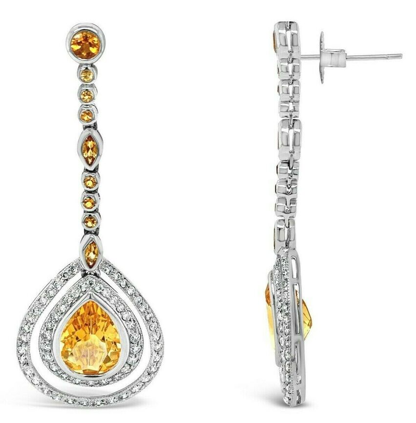 LeVian 18K White Gold Orange Citrine Gemstone Round Diamond Classy Halo Earrings