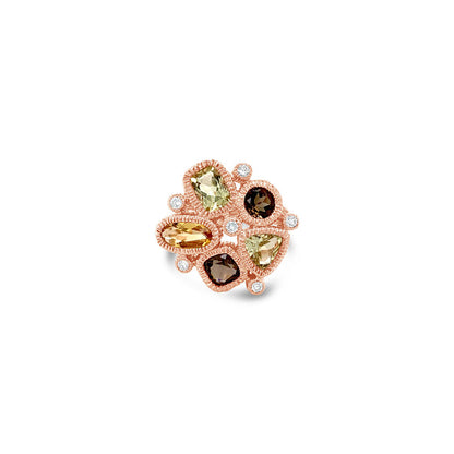 LeVian 14K Rose Gold Citrine Smoky Quartz Round Diamond Cluster Cocktail Ring