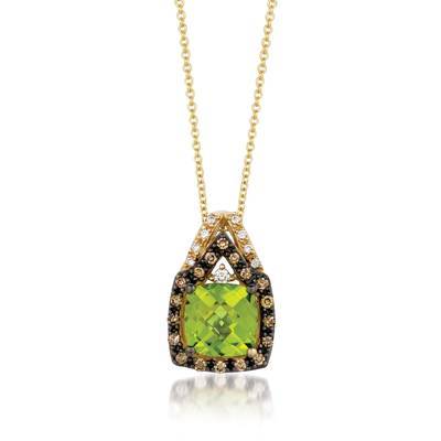 LeVian 14K Yellow Gold Peridot Round Brown Diamond Classic Halo Pendant Necklace