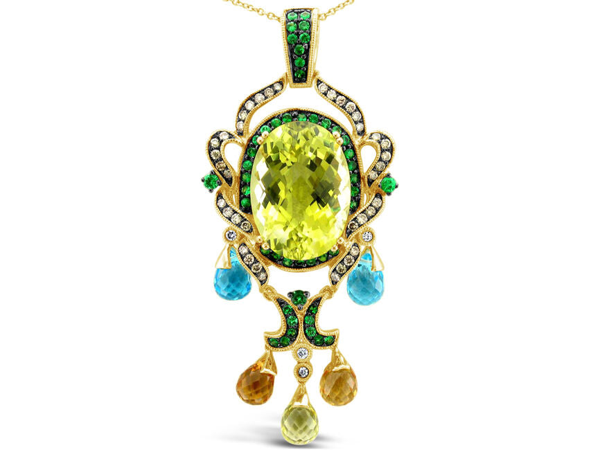 LeVian 14K Yellow Gold Lemon Quartz Blue Topaz Gemstone Diamond Pendant Necklace