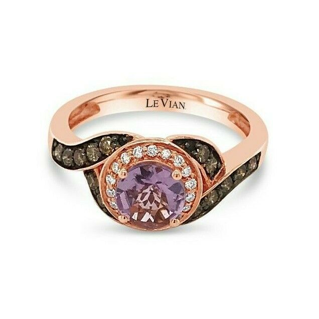 LeVian 14K Rose Gold Pink Amethyst Round Chocolate Brown Diamond Halo Ring