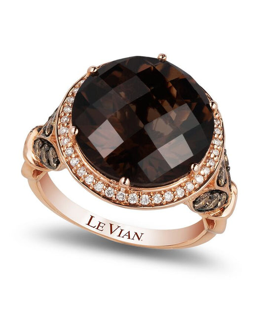 LeVian 14K Rose Gold Smoky Quartz Round Chocolate Brown Diamond Classy Halo Ring