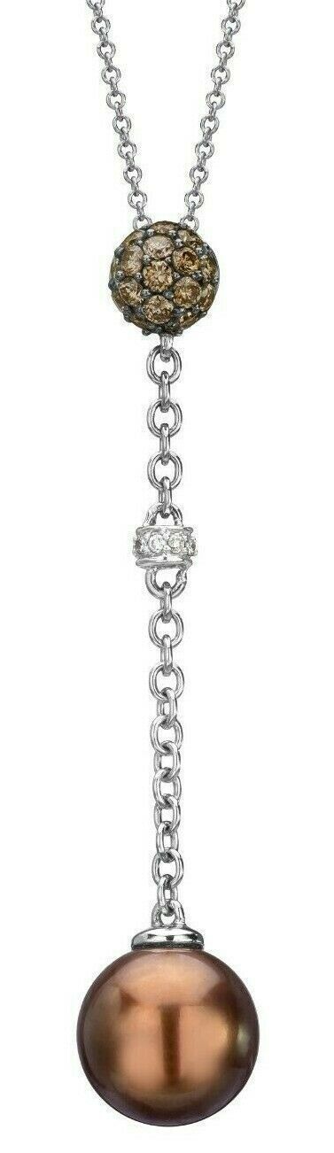 LeVian 14K White Gold Cultured Pearl Brown & White Diamond 18" Pendant Necklace