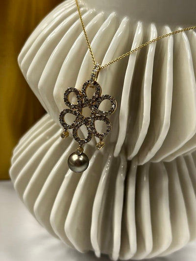 Carlo Viani 14K Golden Pearl Round Brown Diamond 18" Flower Pendant Necklace