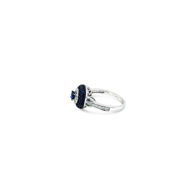 LeVian 14K White Gold Blue Sapphire Round Diamond Beautiful Halo Cocktail Ring