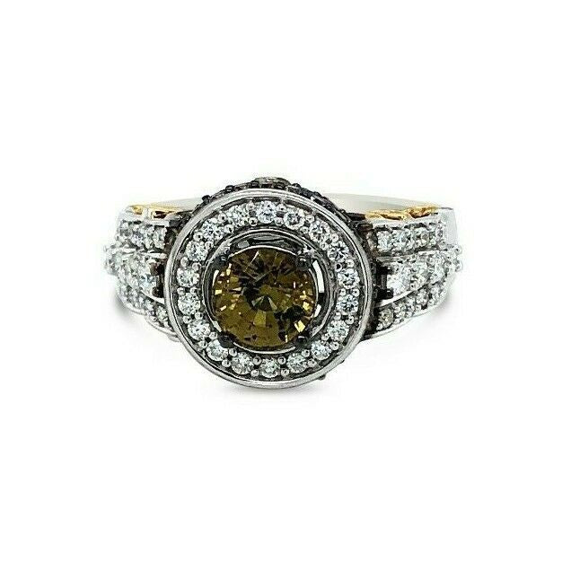 LeVian 14K Two Tone Gold Yellow Sapphire Round Chocolate Brown Diamond Halo Ring