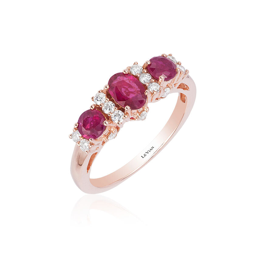 LeVian 14K Rose Gold Red Ruby Round Diamond Tri-Stone Classic Cocktail Ring