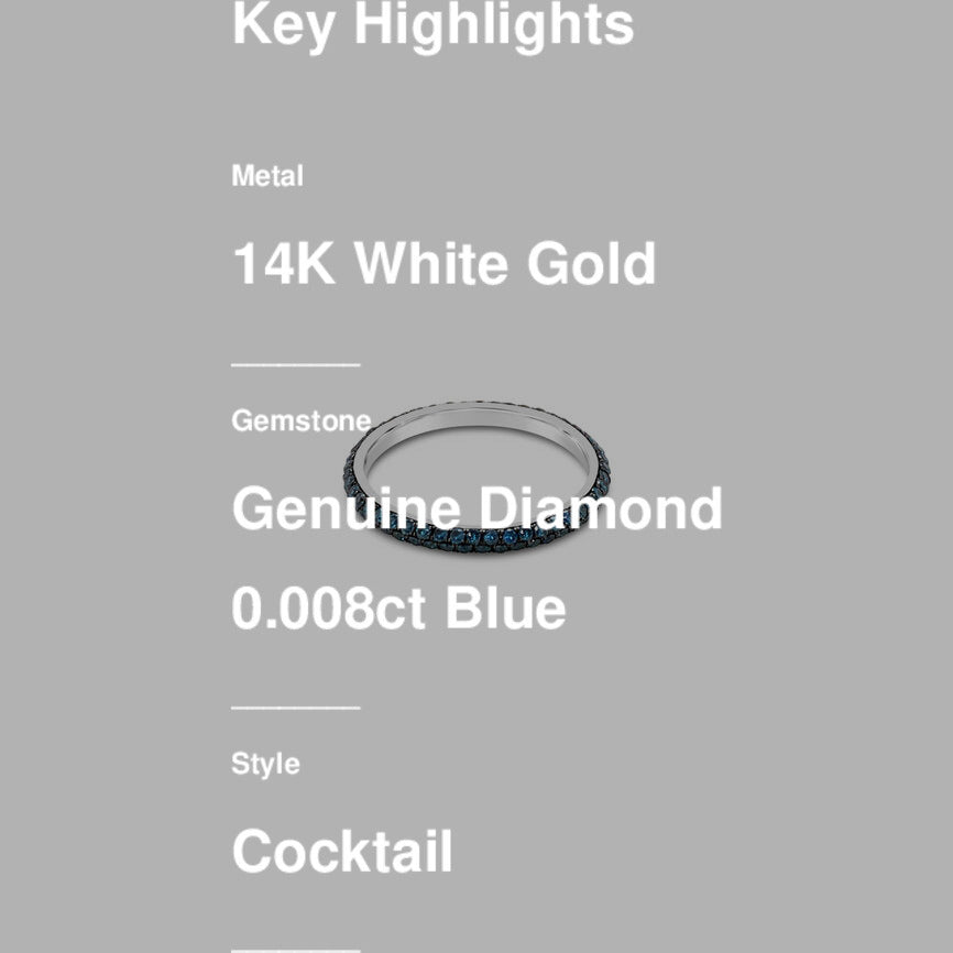 A Le Vian Blue Diamond Ring, 3/4 cts in 14K white gold, size 7, is displayed on a grey background. Text highlights its features: Le Vian brand, 14K white gold, blue diamond center, cocktail style.