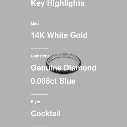 A Le Vian Blue Diamond Ring, 3/4 cts in 14K white gold, size 7, is displayed on a grey background. Text highlights its features: Le Vian brand, 14K white gold, blue diamond center, cocktail style.