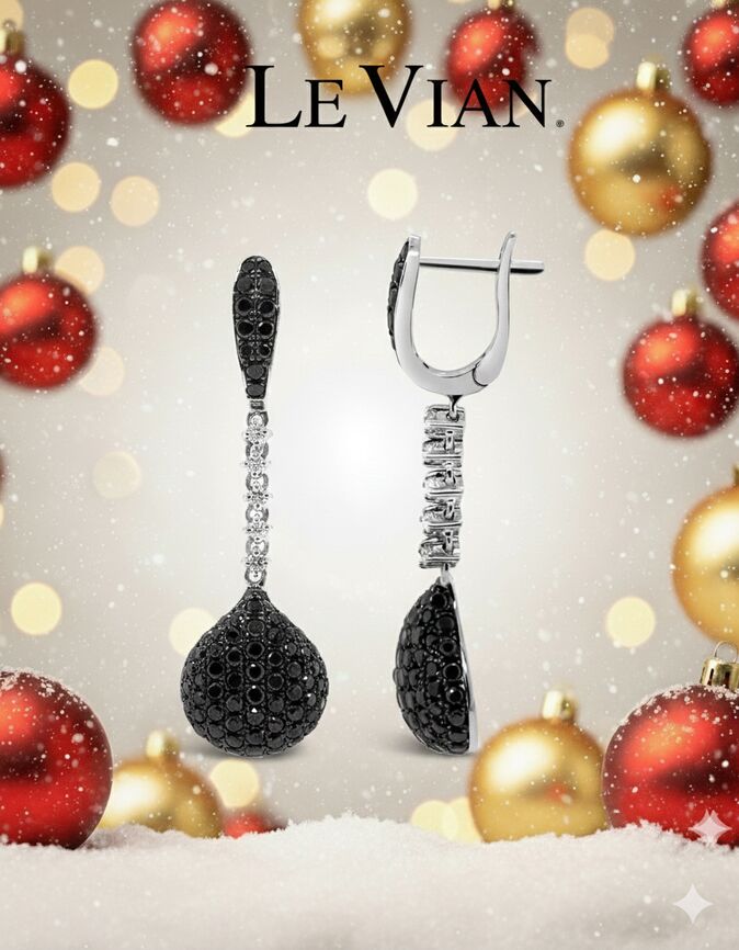 LeVian Diamond Earrings 2 5/8 cts Black Dangle/Drop in 14K White Gold