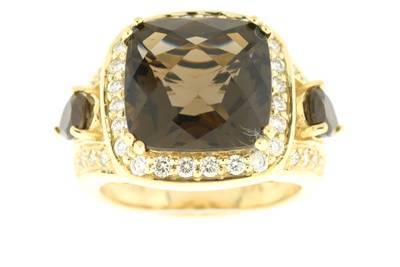 LeVian 14K Yellow Gold Smoky Quartz Round Diamond Pretty Cocktail Halo Ring