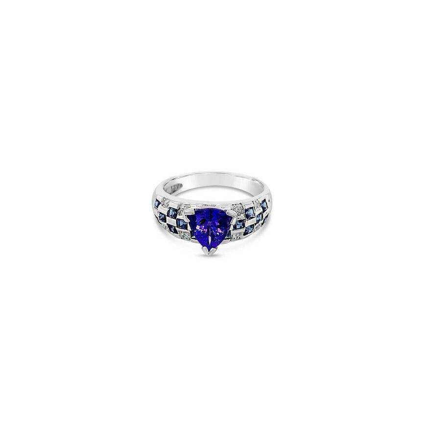 LeVian 18K White Gold Blue Tanzanite Sapphire Round Diamond Bezel Cocktail Ring