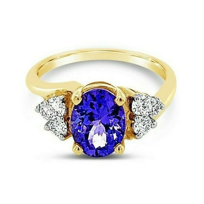 LeVian 14K Yellow Gold Blue Tanzanite Round Diamond Classic Pretty Cocktail Ring