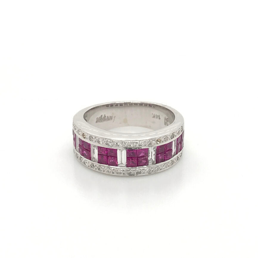 LeVian 14K White Gold Red Ruby Round Baguette Diamond Pretty Cocktail Band Ring