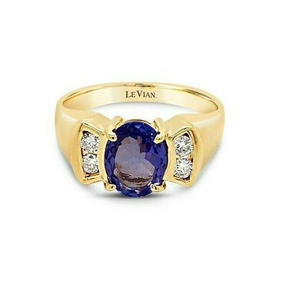 LeVian 14K Yellow Gold Purple Blue Tanzanite Round Diamond Classy Cocktail Ring