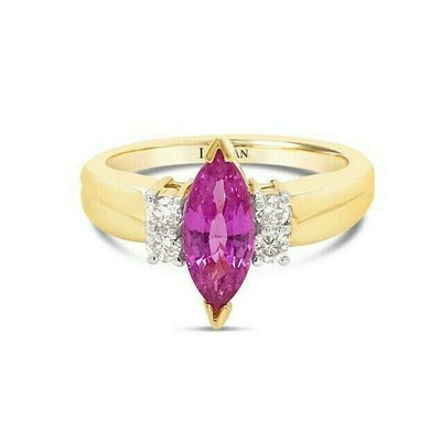 LeVian 14K Yellow Gold Pink Sapphire Gemstone Round Diamond Classy Cocktail Ring