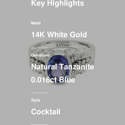 1 1/8 cts Blue Tanzanite and Diamond Ring in 14K White Gold by Le Vian