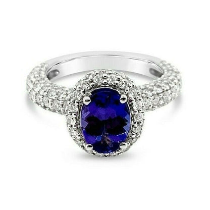 LeVian 18K White Gold Tanzanite Round Diamond Classic Pretty Halo Cocktail Ring