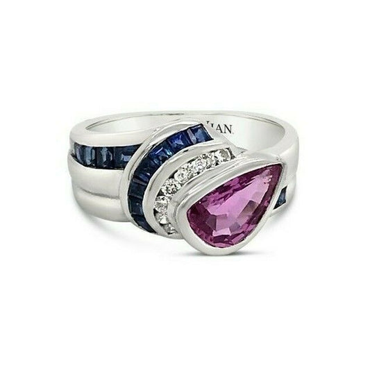 LeVian 18K White Gold Pink Sapphire Gemstone Round Diamond Classy Cocktail Ring